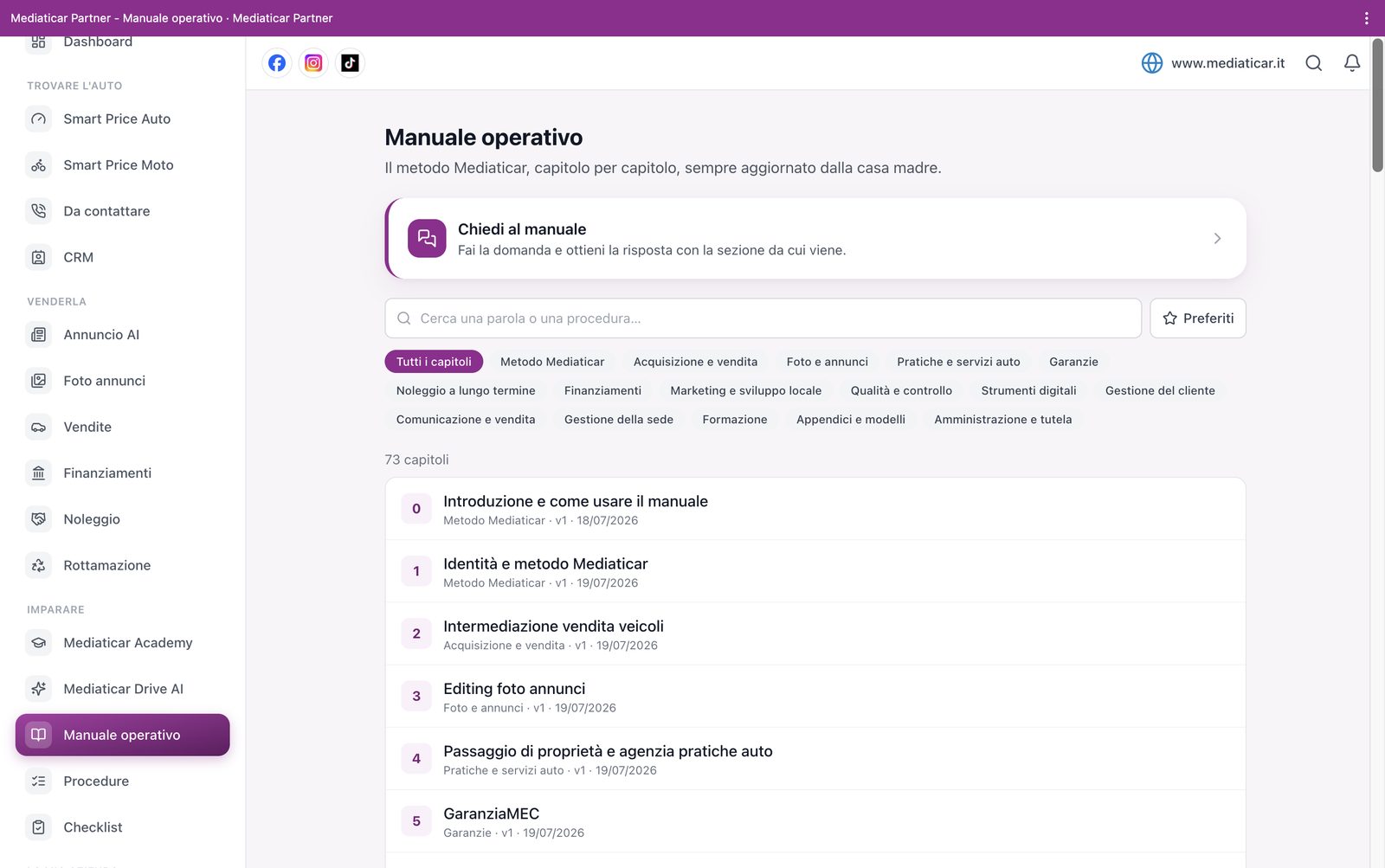 Il manuale operativo: 73 capitoli consultabili e interrogabili