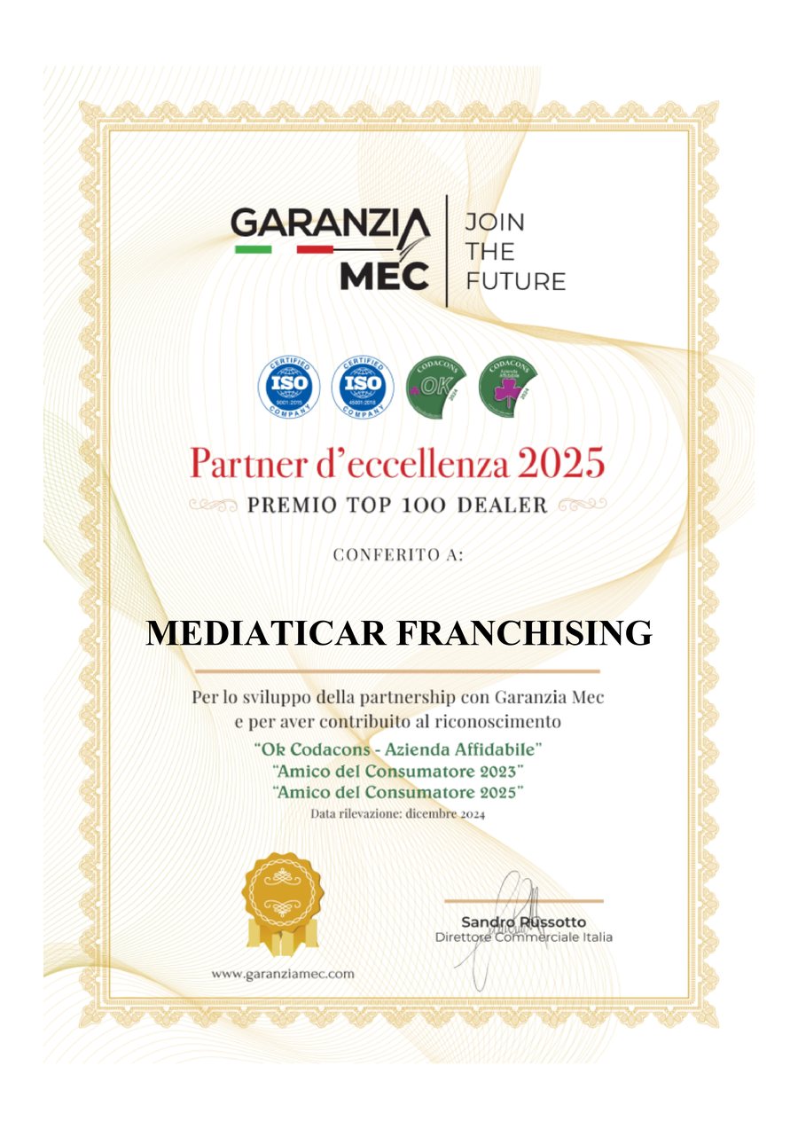 Attestato Partner d'eccellenza 2025, Premio Top 100 Dealer, conferito da Garanzia MEC a Mediaticar Franchising